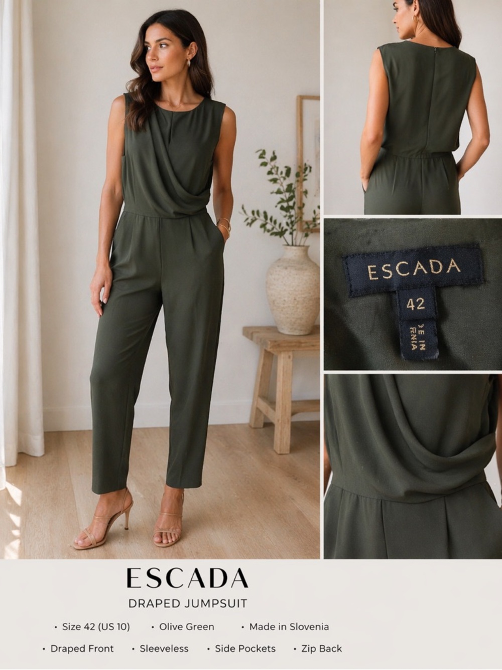 Escada Olive Green Draped Jumpsuit Size 42 US 10 Minimalist Sleeveless Designer